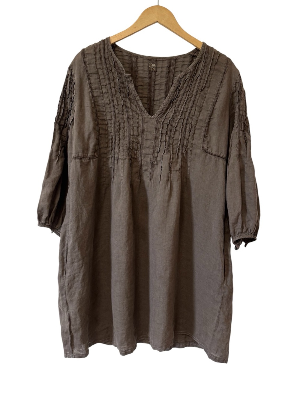 120% Lino Linen Tunic Top Coastal Taupe Pleated Long Blouse XL READ